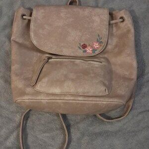 Under One Sky Embroidered Floral Stone Tan Leather Backpack/Purse.